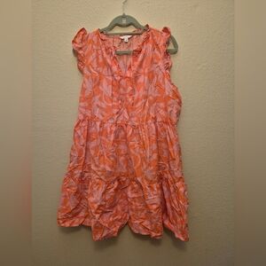Coral Leaf Print Ruffle Dress